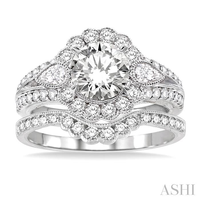 1 3/4 Ctw Diamond Wedding Set with 1 1/2 Ctw Round Cut Engagement Ring and 1/5 Ctw Wedding Band in 14K White Gold