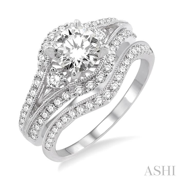 1 3/8 Ctw Diamond Wedding Set with 1 1/5 Ctw Round Cut Engagement Ring and 1/5 Ctw Wedding Band in 14K White Gold