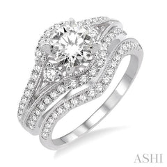 1 3/8 Ctw Diamond Wedding Set with 1 1/5 Ctw Round Cut Engagement Ring and 1/5 Ctw Wedding Band in 14K White Gold