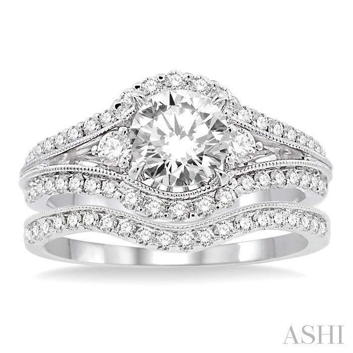 1 3/8 Ctw Diamond Wedding Set with 1 1/5 Ctw Round Cut Engagement Ring and 1/5 Ctw Wedding Band in 14K White Gold
