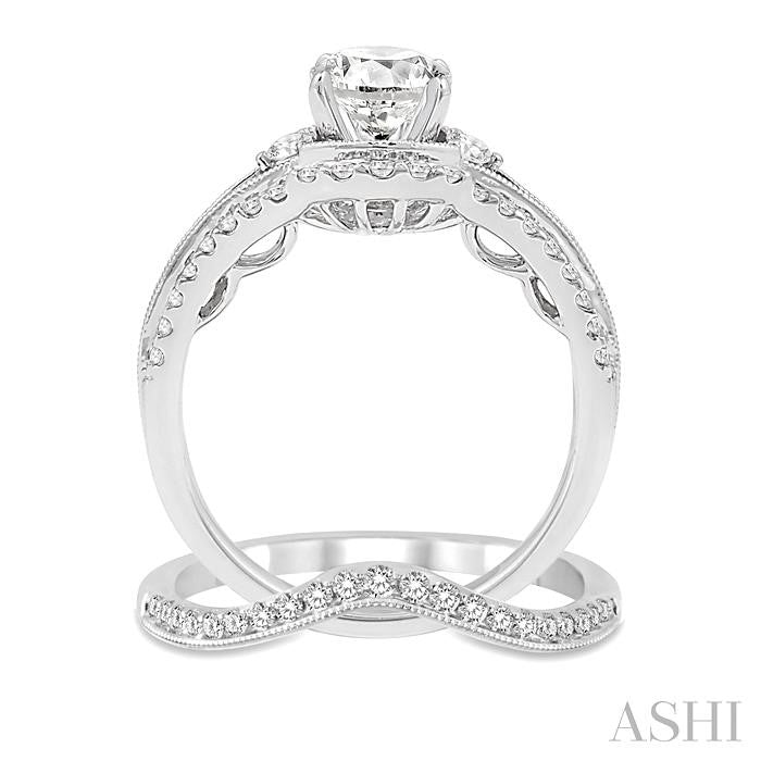 1 3/8 Ctw Diamond Wedding Set with 1 1/5 Ctw Round Cut Engagement Ring and 1/5 Ctw Wedding Band in 14K White Gold