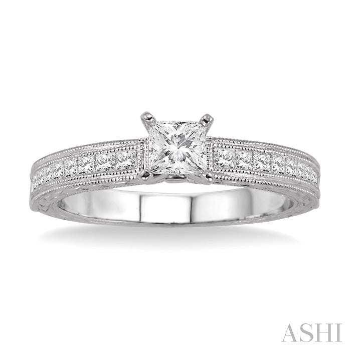 3/4 Ctw Diamond Engagement Ring with 3/8 Ct Princess Cut Center Stone in 14K White Gold