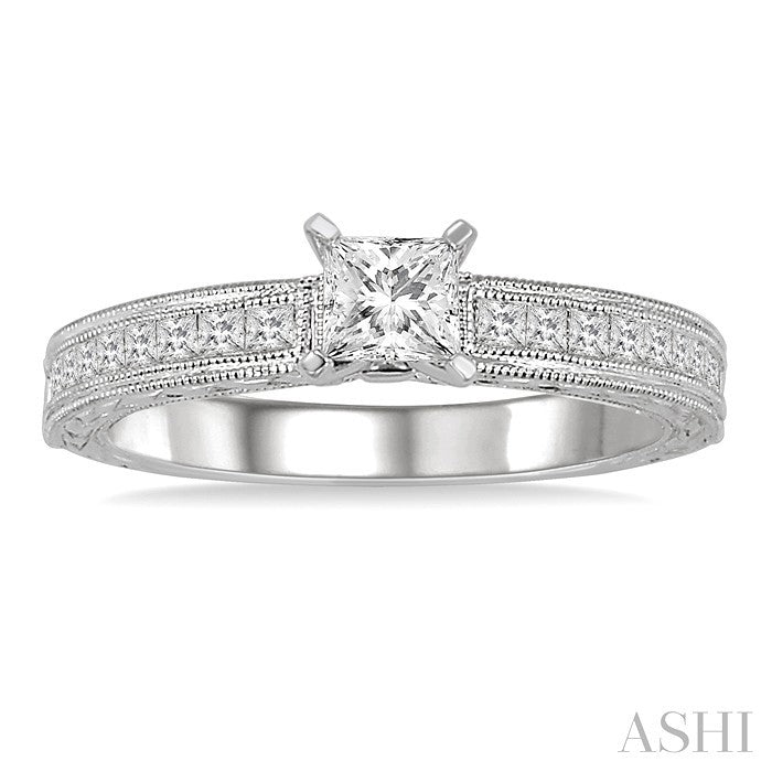 3/4 Ctw Diamond Engagement Ring with 3/8 Ct Princess Cut Center Stone in 14K White Gold