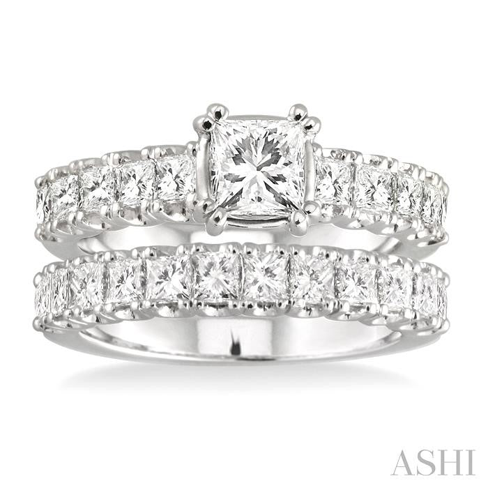 3 Ctw Diamond Wedding Set with 1 3/4 Ctw Princess Cut Engagement Ring and 1 1/5 Ctw Wedding Band in 14K White Gold