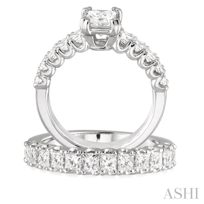 3 Ctw Diamond Wedding Set with 1 3/4 Ctw Princess Cut Engagement Ring and 1 1/5 Ctw Wedding Band in 14K White Gold