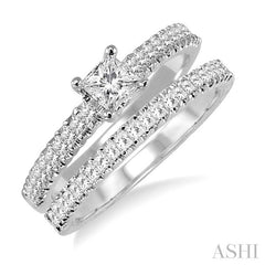 7/8 Ctw Diamond Wedding Set with 1/2 Ctw Princess Cut Engagement Ring and 1/3 Ctw Wedding Band in 14K White Gold