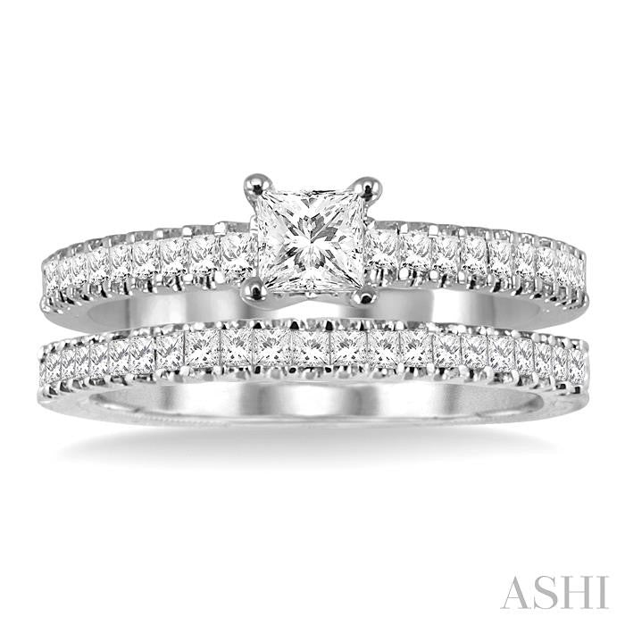 7/8 Ctw Diamond Wedding Set with 1/2 Ctw Princess Cut Engagement Ring and 1/3 Ctw Wedding Band in 14K White Gold