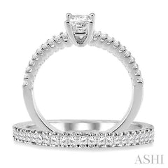 7/8 Ctw Diamond Wedding Set with 1/2 Ctw Princess Cut Engagement Ring and 1/3 Ctw Wedding Band in 14K White Gold