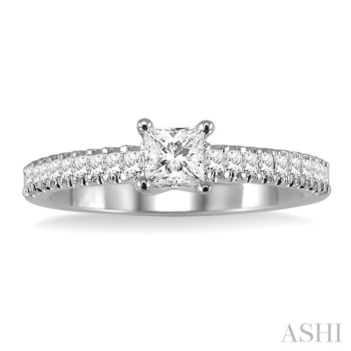 1/2 Ctw Diamond Engagement Ring with 1/4 Ct Princess Cut Center Stone in 14K White Gold