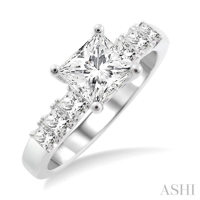 1 Ctw Diamond Engagement Ring with 5/8 Ct Princess Cut Center Stone in 14K White Gold