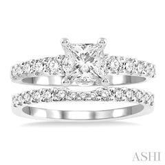 1 Ctw Diamond Wedding Set with 3/4 Ctw Princess Cut Engagement Ring and 1/5 Ctw Wedding Band in 14K White Gold
