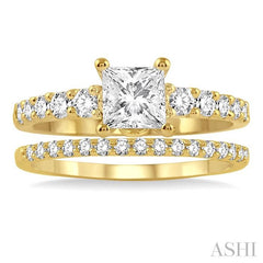 1 Ctw Diamond Wedding Set with 3/4 Ctw Princess Cut Engagement Ring and 1/5 Ctw Wedding Band in 14K Yellow Gold