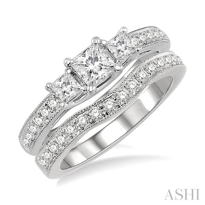 1 Ctw Diamond Wedding Set with 3/4 Ctw Princess Cut Engagement Ring and 1/5 Ctw Wedding Band in 14K White Gold