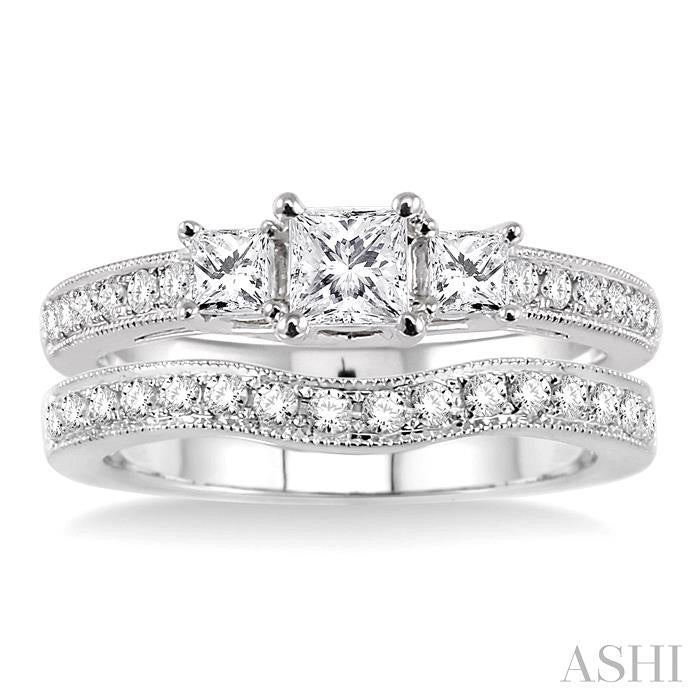 1 ctw Diamond Wedding Set with 3/4 ctw Princess Cut Engagement Ring and 1/5 ctw Wedding Band in 14K White Gold