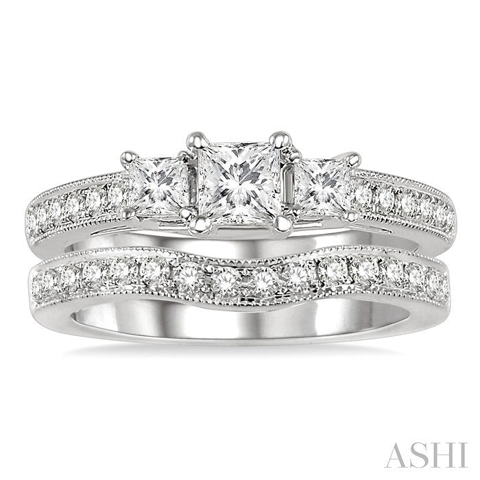 1 Ctw Diamond Wedding Set with 3/4 Ctw Princess Cut Engagement Ring and 1/5 Ctw Wedding Band in 14K White Gold