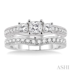 1 ctw Diamond Wedding Set with 3/4 ctw Princess Cut Engagement Ring and 1/5 ctw Wedding Band in 14K White Gold