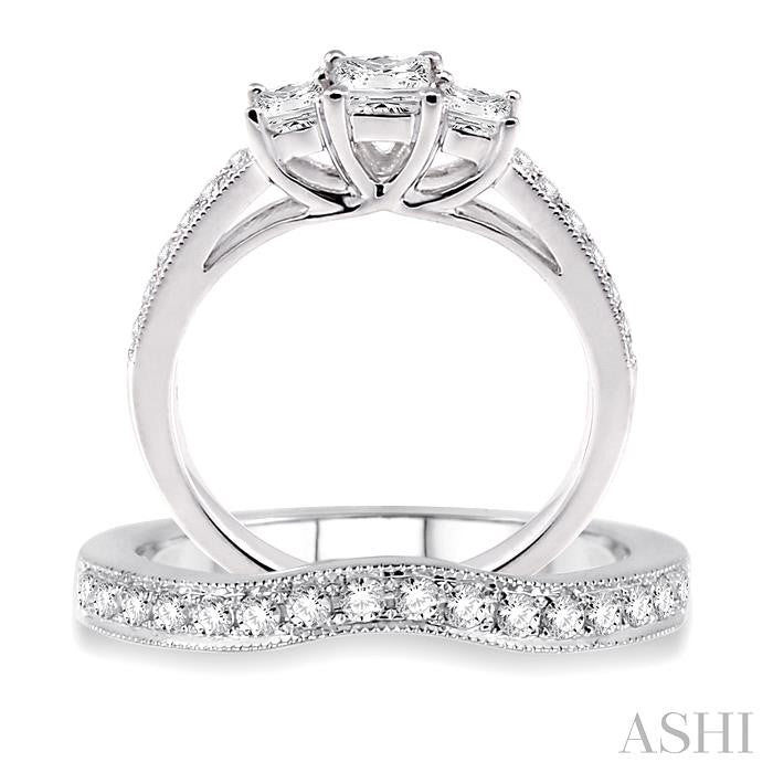 1 ctw Diamond Wedding Set with 3/4 ctw Princess Cut Engagement Ring and 1/5 ctw Wedding Band in 14K White Gold