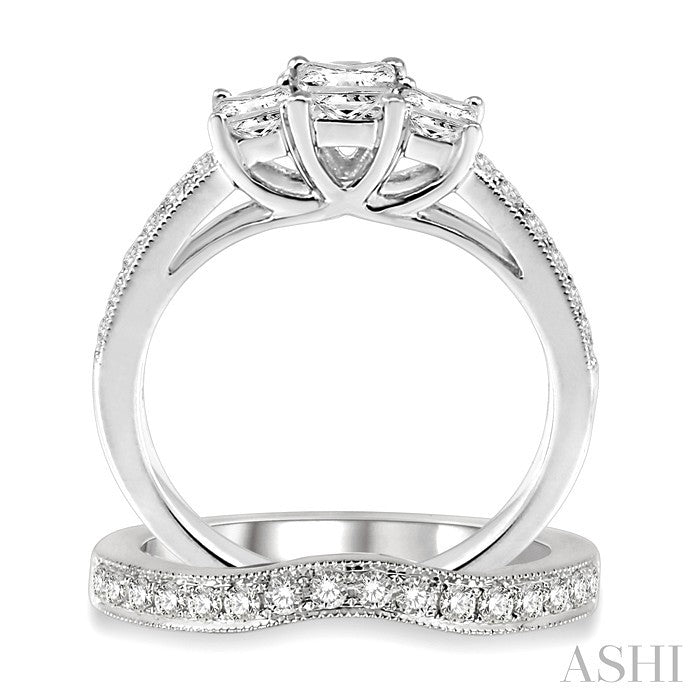 1 Ctw Diamond Wedding Set with 3/4 Ctw Princess Cut Engagement Ring and 1/5 Ctw Wedding Band in 14K White Gold