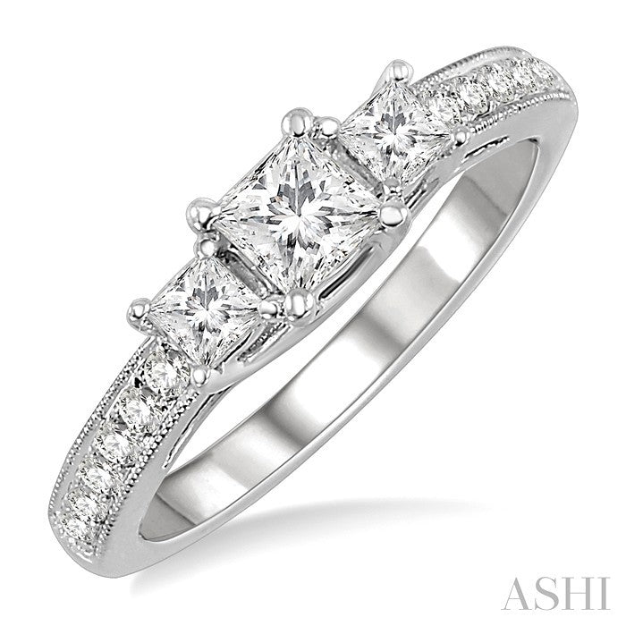 3/4 Ctw Diamond Engagement Ring with 1/3 Ct Princess Cut Center Stone in 14K White Gold