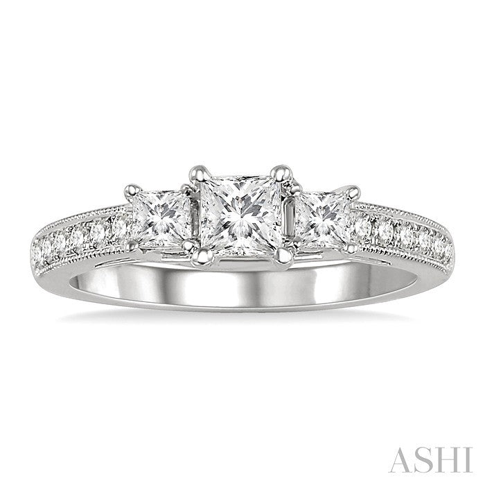 3/4 Ctw Diamond Engagement Ring with 1/3 Ct Princess Cut Center Stone in 14K White Gold