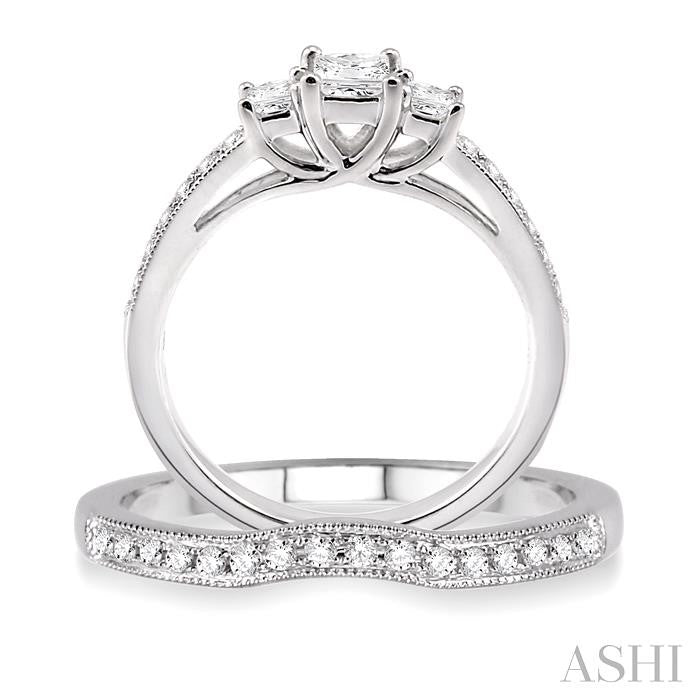 3/4 ctw Diamond Wedding Set with 1/2 ctw Princess Cut Engagement Ring and 1/5 ctw Wedding Band in 14K White Gold