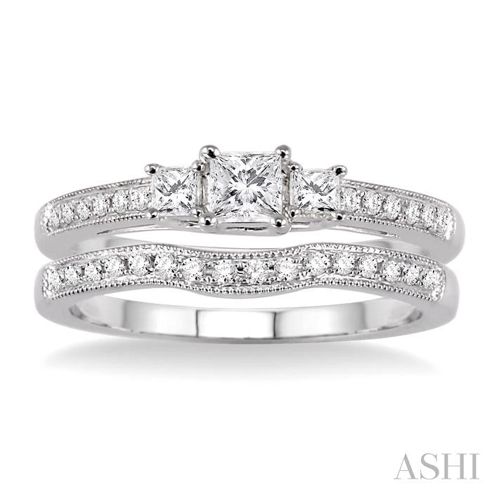 1/2 ctw Diamond Wedding Set with 3/8 ctw Princess Cut Engagement Ring and 1/10 ctw Wedding Band in 14K White Gold