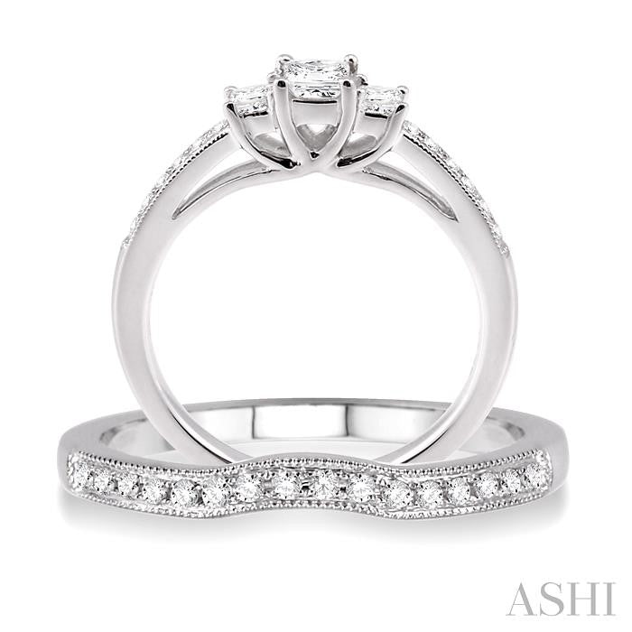 1/2 ctw Diamond Wedding Set with 3/8 ctw Princess Cut Engagement Ring and 1/10 ctw Wedding Band in 14K White Gold