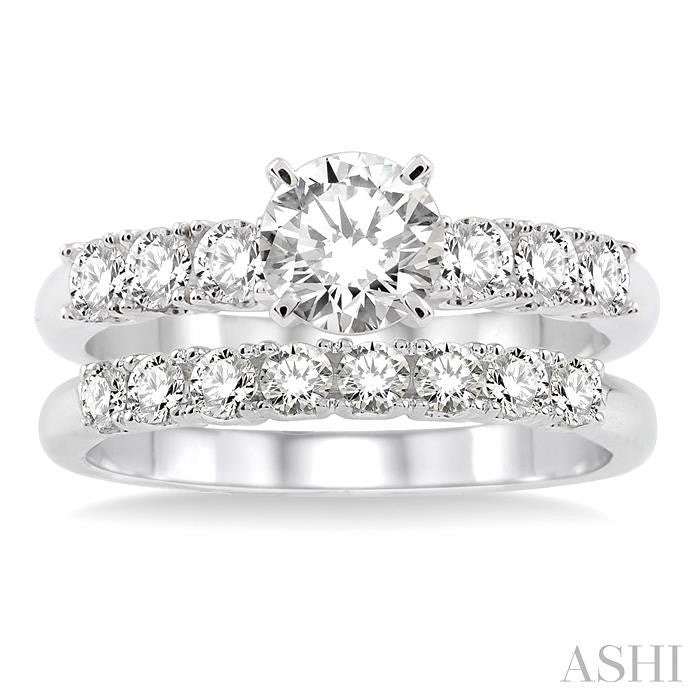 1 3/8 Ctw Diamond Wedding Set with 1 Ctw Round Cut Engagement Ring and 3/8 Ctw Wedding Band in 14K White Gold