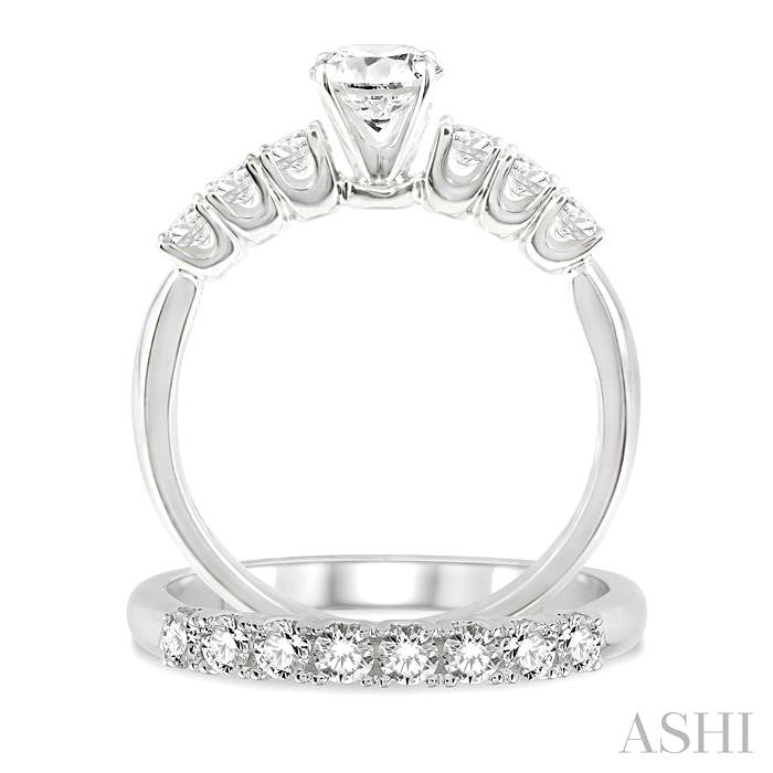 1 3/8 Ctw Diamond Wedding Set with 1 Ctw Round Cut Engagement Ring and 3/8 Ctw Wedding Band in 14K White Gold