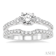 1 1/4 Ctw Diamond Wedding Set with 7/8 Ctw Round Cut Engagement Ring and 1/3 Ctw Wedding Band in 14K White Gold