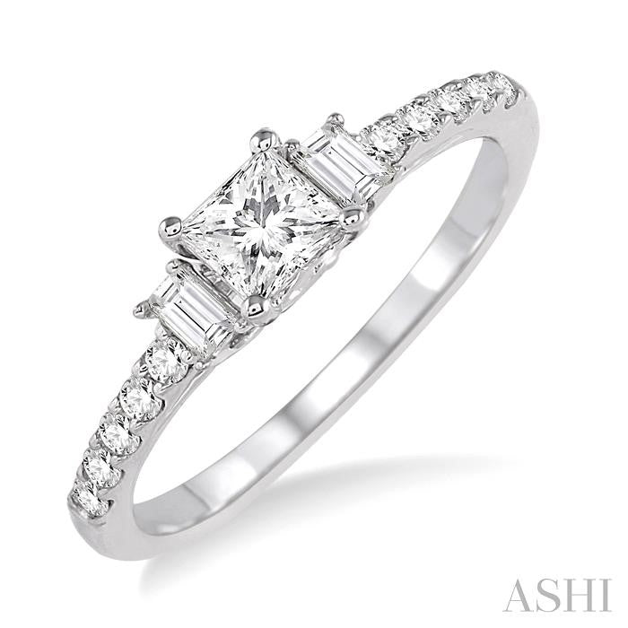 7/8 Ctw Diamond Engagement Ring with 1/2 Ct Princess Cut Center Stone in 14K White Gold