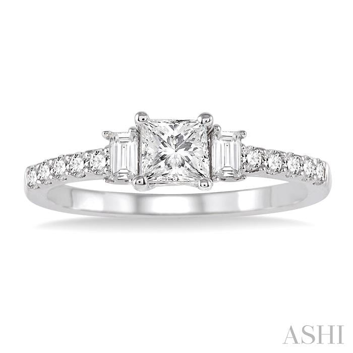 7/8 Ctw Diamond Engagement Ring with 1/2 Ct Princess Cut Center Stone in 14K White Gold