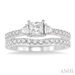 1 1/6 Ctw Diamond Wedding Set with 7/8 Ctw Princess Cut Engagement Ring and 1/4 Ctw Wedding Band in 14K White Gold