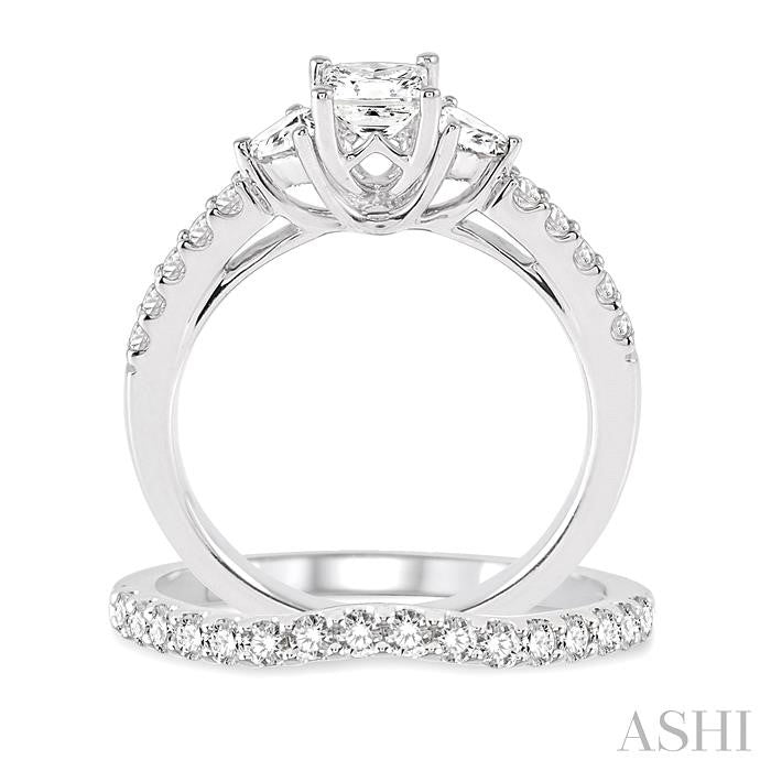 1 1/6 Ctw Diamond Wedding Set with 7/8 Ctw Princess Cut Engagement Ring and 1/4 Ctw Wedding Band in 14K White Gold