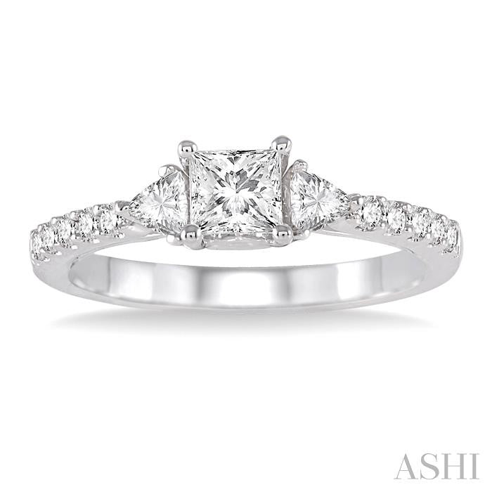 7/8 Ctw Diamond Engagement Ring with 1/2 Ct Princess Cut Center Stone in 14K White Gold