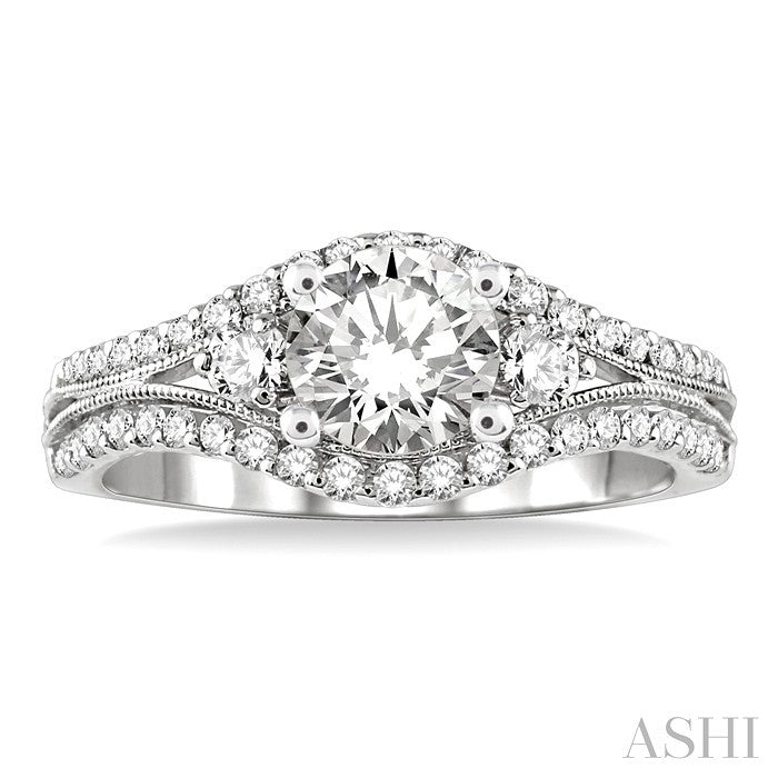 1 Ctw Diamond Engagement Ring with 1/2 Ct Round Cut Center Stone in 14K White Gold