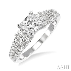 1 1/10 Ctw Diamond Engagement Ring with 5/8 Ct Princess Cut Center Stone in 14K White Gold