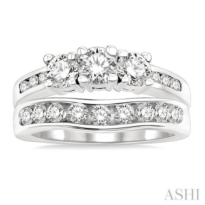 1 1/2 Ctw Diamond Wedding Set with 1 Ctw Round Cut Engagement Ring and 1/2 Ctw Wedding Band in 14K White Gold