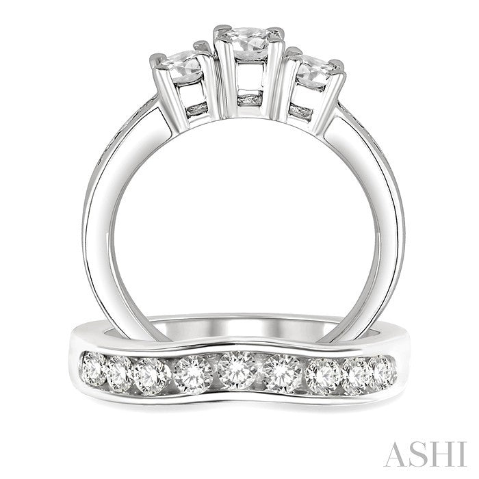 1 1/2 Ctw Diamond Wedding Set with 1 Ctw Round Cut Engagement Ring and 1/2 Ctw Wedding Band in 14K White Gold