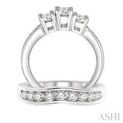 1 1/2 Ctw Diamond Wedding Set with 1 Ctw Round Cut Engagement Ring and 1/2 Ctw Wedding Band in 14K White Gold