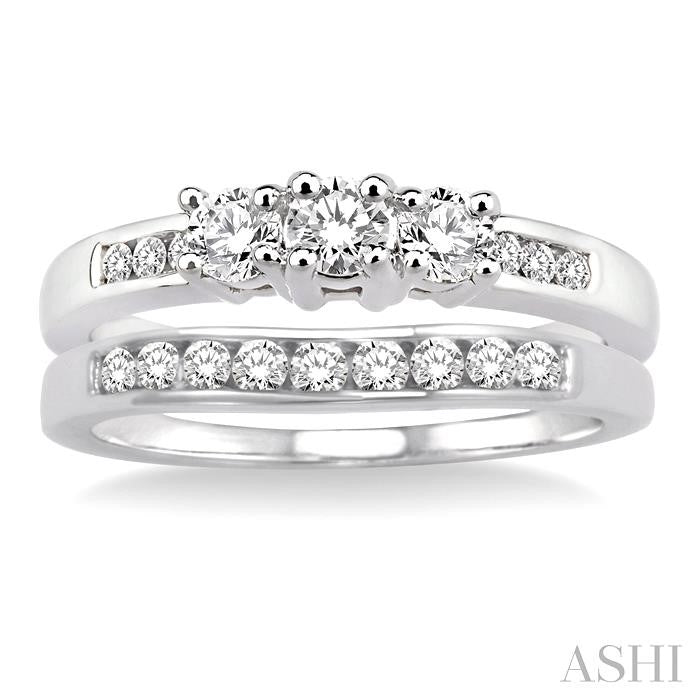 3/4 ctw Diamond Wedding Set with 1/2 ctw Round Cut Engagement Ring and 1/4 ctw Wedding Band in 14K White Gold