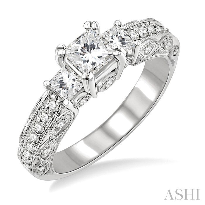 1 1/4 Ctw Diamond Engagement Ring with 1/2 Ct Princess Cut Center Stone in 14K White Gold