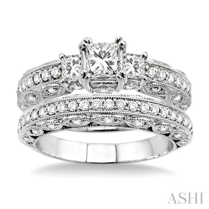 1 5/8 ctw Diamond Wedding Set with 1 1/4 ctw Princess Cut Engagement Ring and 3/8 ctw Wedding Band in 14K White Gold
