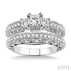 1 5/8 ctw Diamond Wedding Set with 1 1/4 ctw Princess Cut Engagement Ring and 3/8 ctw Wedding Band in 14K White Gold