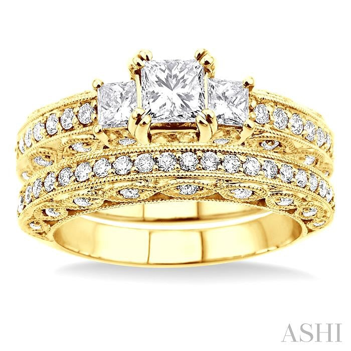1 5/8 ctw Diamond Wedding Set with 1 1/4 ctw Princess Cut Engagement Ring and 3/8 ctw Wedding Band in 14K Yellow Gold
