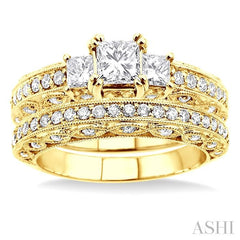1 5/8 ctw Diamond Wedding Set with 1 1/4 ctw Princess Cut Engagement Ring and 3/8 ctw Wedding Band in 14K Yellow Gold