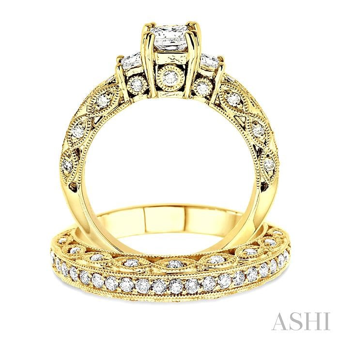 1 5/8 ctw Diamond Wedding Set with 1 1/4 ctw Princess Cut Engagement Ring and 3/8 ctw Wedding Band in 14K Yellow Gold