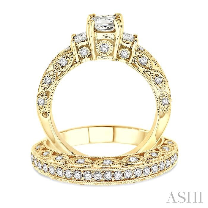 1 5/8 Ctw Diamond Wedding Set with 1 1/4 Ctw Princess Cut Engagement Ring and 3/8 Ctw Wedding Band in 14K Yellow Gold