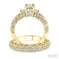 1 5/8 Ctw Diamond Wedding Set with 1 1/4 Ctw Princess Cut Engagement Ring and 3/8 Ctw Wedding Band in 14K Yellow Gold
