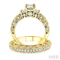 1 5/8 ctw Diamond Wedding Set with 1 1/4 ctw Princess Cut Engagement Ring and 3/8 ctw Wedding Band in 14K Yellow Gold
